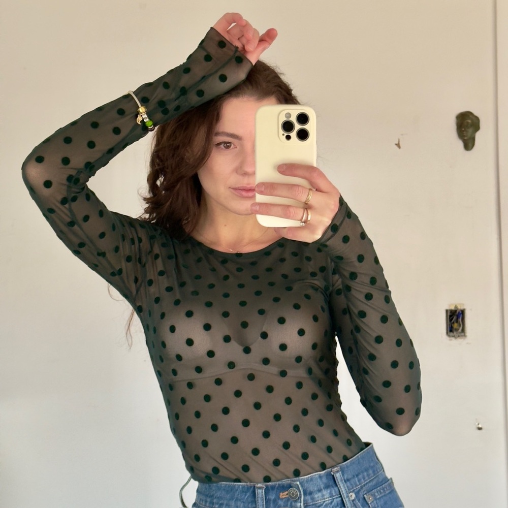 Size M / Stradivarius Sheer Green Polka Dot Top